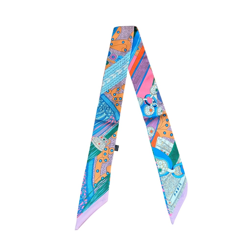 Abstract Multi Color Twilly Style Ribbon Scarf Paisley Print Bag Accessory